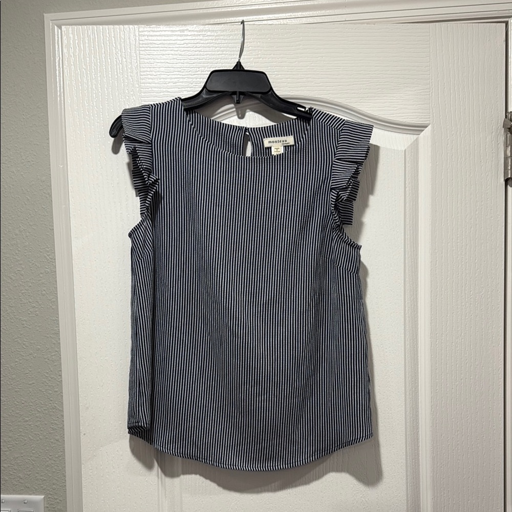 Navy Striped Ruffle Sleeve Blouse